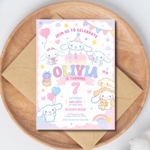 May include: A pastel-colored birthday invitation featuring cartoon characters, balloons, and a rainbow. The invitation reads "Join us to Celebrate" and "Olivia is Turning 7". The date and time of the party are also included.