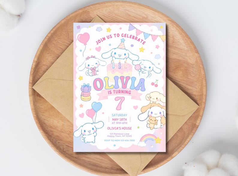 May include: A pastel-colored birthday invitation featuring cartoon characters, balloons, and a rainbow. The invitation reads "Join us to Celebrate" and "Olivia is Turning 7". The date and time of the party are also included.