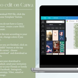 May include: A laptop screen displays Canva's editing interface, showcasing various template options. Text on the screen reads "How to edit on Canva" with instructions on downloading and editing templates. A green invitation design is visible on the right.