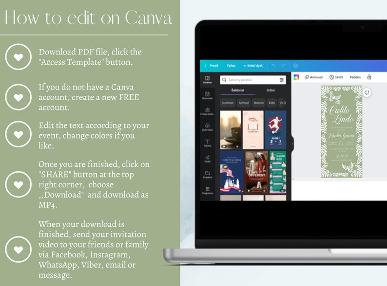May include: A laptop screen displays Canva's editing interface, showcasing various template options. Text on the screen reads "How to edit on Canva" with instructions on downloading and editing templates. A green invitation design is visible on the right.