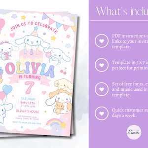 May include: A pastel-colored birthday invitation featuring cartoon characters, balloons, and a rainbow. The invitation reads "Join us to celebrate Olivia is turning 7" with event details. The template is 5 x 7 inches.