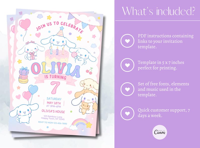 May include: A pastel-colored birthday invitation featuring cartoon characters, balloons, and a rainbow. The invitation reads "Join us to celebrate Olivia is turning 7" with event details. The template is 5 x 7 inches.