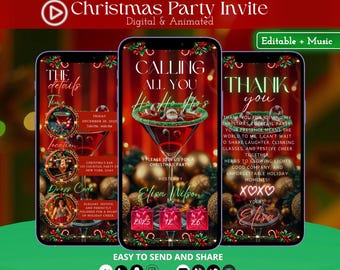 Plantilla de invitación animada para la fiesta navideña de Ho Ho Ho, invitación electrónica divertida para fiestas navideñas con amigos, invitación navideña editable para cócteles