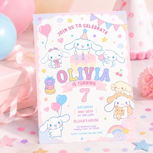 May include: A pastel pink birthday invitation with cartoon characters, balloons, and a rainbow. The invitation reads "Join us to Celebrate" and "Olivia is turning 7." Details include the date, time, and location.