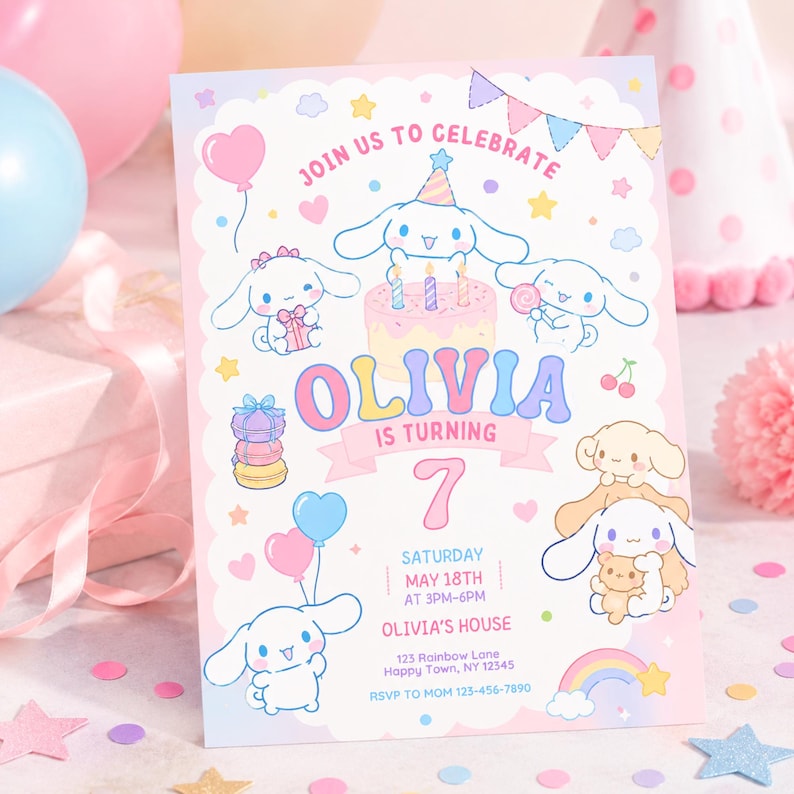 May include: A pastel pink birthday invitation with cartoon characters, balloons, and a rainbow. The invitation reads "Join us to Celebrate" and "Olivia is turning 7." Details include the date, time, and location.