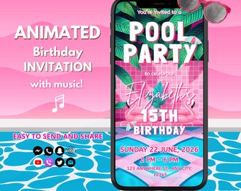 May include: Animated pool party birthday invitation with a pink flamingo float, palm leaves, and a pink and white grid background. The text reads "You're invited to a Pool Party to celebrate Elizabeth's 15th Birthday, Sunday 22 June, 2026, 2 PM - 6 PM, 123 Anywhere St., Any City, 12345".