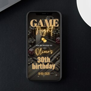 May include: A black and gold smartphone screen displaying a game night invitation for Oliver's 30th birthday. The invitation features a casino theme with poker chips, dice, and playing cards. The text reads "Game Night, You're Invited to Oliver's 30th Birthday, 01/03/2025."