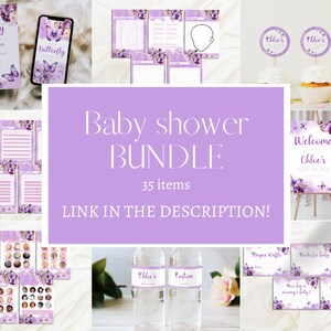 Może przedstawiać: Zestaw na baby shower w kolorze fioletowym i białym, zawierający 35 element&oacute;w. Zestaw zawiera zaproszenia, gry, dekoracje i upominki. Motywem przewodnim są motyle i kwiaty. Tekst na obrazku brzmi "Baby shower bundle, 35 items, Link in the description!"