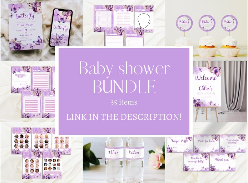 Może przedstawiać: Zestaw na baby shower w kolorze fioletowym i białym, zawierający 35 element&oacute;w. Zestaw zawiera zaproszenia, gry, dekoracje i upominki. Motywem przewodnim są motyle i kwiaty. Tekst na obrazku brzmi "Baby shower bundle, 35 items, Link in the description!"