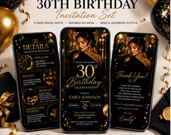 Black Gold 30th Birthday Video Invitation, Elegant Canva Template (Digital Download)