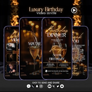 Luxury Black Gold Birthday Dinner Invitation Video, Editable 30th 40th 50th Birthday Party Digital Evite, Elegant Canva Template
