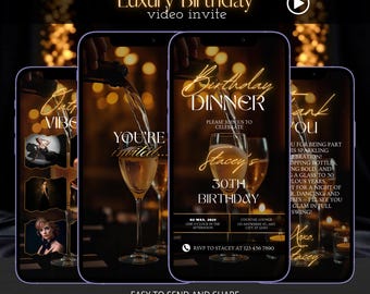 Luxury Black Gold Birthday Dinner Invitation Video, Editable 30th 40th 50th Birthday Party Digital Evite, Elegant Canva Template