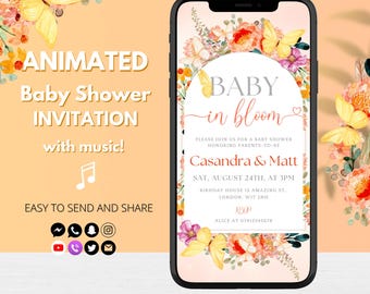 Baby in Bloom Baby Shower Invitation – Animated Wildflower Digital Template with Yellow Butterflies, Editable Spring Girl Shower Invite