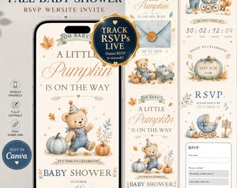 Fall Baby Shower Website Invite, Little Pumpkin Boy, Watercolor Teddy Bear (Canva Template)