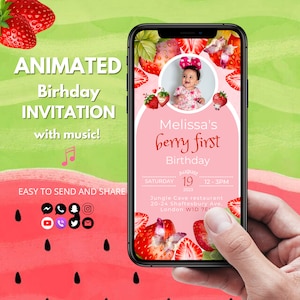 Berry First Birthday Video Invitation, Strawberry Party 1st Birthday Invite Digital Editable Birthday Evite with photo