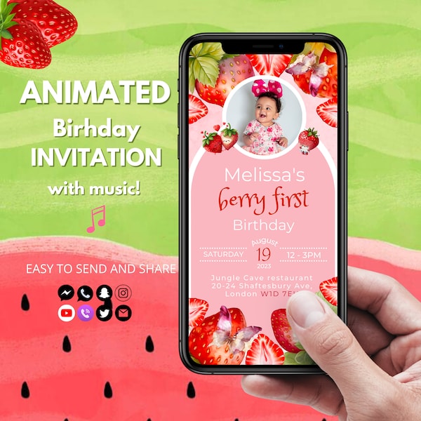 Berry First Birthday Video Invitation, Strawberry Party 1st Birthday Invite Digital Editable Birthday Evite with photo