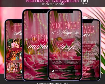 May include: A digital invitation on smartphones for a birthday party. The design features pink and white floral elements, cocktail illustrations, and the text "Mumu's & Margaritas." The invitation includes event details and a call to RSVP.