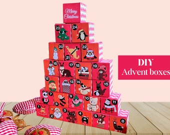 Printable Advent Calendar Boxes, Colorful Christmas Advent Calendar for kids, Editable Christmas Pink Countdown Template