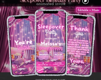 Sleepover Birthday Invitation, Slumber Party Pajama Invite, Animated Digital Evite Template