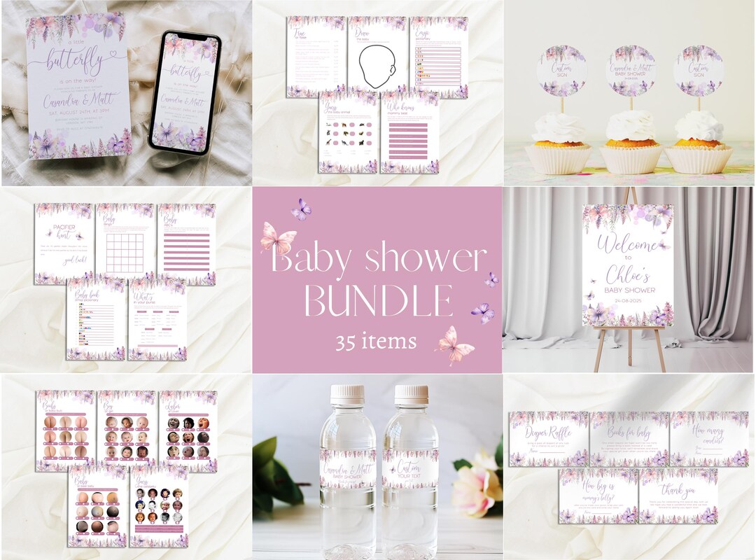 Purple Butterfly Baby Shower Bundle – Invitation, Games, Decor (digital ...