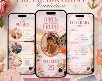 Girls Just Wanna Cruise Invitation Template, Cruise Birthday Invite, Pink Gold Coastal, Girls Trip Cruise Party