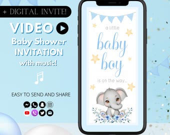 Elephant Baby Shower Invitation Video | Boy Baby Shower Digital Evite Template | Blue Elephant Boy Baby Shower Invitation Template