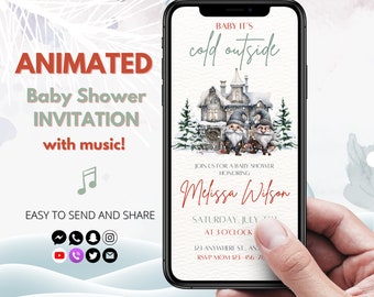 May include: Animated baby shower invitation with music. The invitation features a winter scene with two gnomes standing in front of a house. The text "Baby It's Cold Outside" is written in red and green. The invitation is for Melissa Wilson and is scheduled for Saturday, July 27th at 3 o'clock. The RSVP number is 123-456-78.