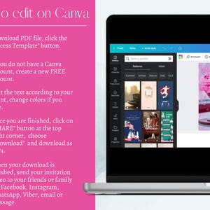 Op de afbeelding: Een laptopscherm toont de Canva-interface met een tutorial over bewerken. Het scherm toont een sjabloon voor een Valentijnsdaguitnodiging. Instructies staan links, inclusief hoe je het ontwerp kunt downloaden en delen.