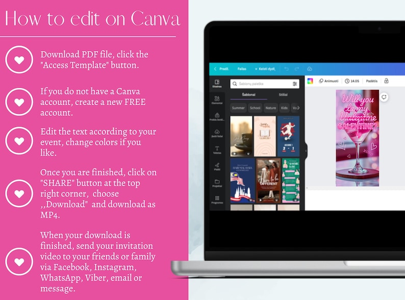 Op de afbeelding: Een laptopscherm toont de Canva-interface met een tutorial over bewerken. Het scherm toont een sjabloon voor een Valentijnsdaguitnodiging. Instructies staan links, inclusief hoe je het ontwerp kunt downloaden en delen.