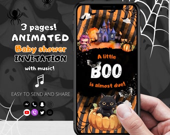 May include: A digital invitation for a baby shower with a Halloween theme. The invitation features a black cat sitting in a pumpkin with the text "A little BOO is almost due!" The invitation is displayed on a smartphone screen.