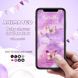 Animated Butterfly Baby Shower Invitation Editable Girl Baby Shower Invite with Butterflies Video Evite For Girl with music