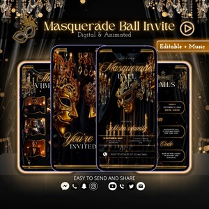 Può includere: Invito digitale e animato per un ballo in maschera su smartphone. Il design presenta maschere dorate, candele e il testo "You're Invited". L'invito include i dettagli dell'evento ed è facile da inviare e condividere.