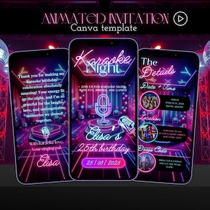 Digital Karaoke Night Invite | Karaoke Birthday Party Invitation Template | Neon Karaoke Party Video Invite | Singing Party