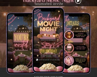 Editable Backyard Movie Night Birthday Invitation, Animated Outdoor Cinema Party Video Invite, Digital Movie Night Birthday Template