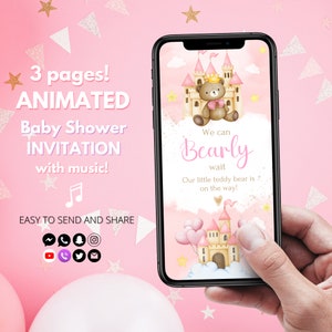 Baby Shower Invitation Girl Bear Animated Baby Shower Invitation Digital Download Girl Baby Shower Video Invitation Text Evite