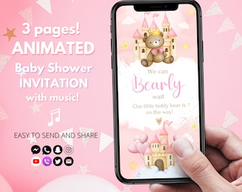 Baby Shower Invitation Girl Bear Animated Baby Shower Invitation Digital Download Girl Baby Shower Video Invitation Text Evite