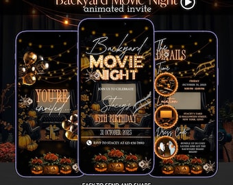 May include: Digital invitation for a Backyard Movie Night, with a black background and gold detailing. The invitation includes the text "Backyard Movie Night" and "animated invite". The invitation also includes the text "You're invited...", "Join us to celebrate Stacey's 15th Birthday", and event details.