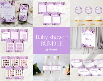 Butterfly Baby Shower Bundle | Butterfly Baby Shower Invitation Video | Baby Shower Games Printable | Purple Butterfly Invitation Bundle