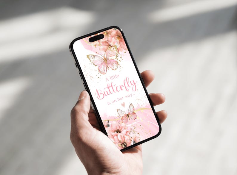 May include: A pink and gold phone case with a butterfly design and the text "A little butterfly is on her way".