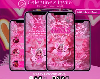 2026 Galentine’s Video Invitation, Animated Girls Night Evite, Editable Canva Template, Pink Galentines Party Digital Invite