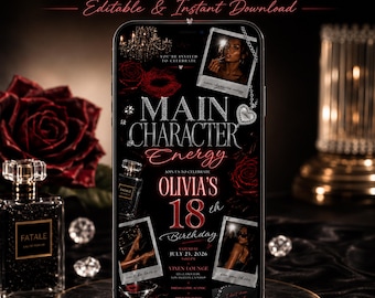 Main Character Energy 18th Birthday Invitation, Red Black Birthday Invite, Coquette Birthday Invitation, Editable Canva Template