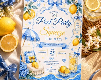 Pool Party to Squeeze the Day Invitation, Lemon Pool Party Invite, Blue Bow Birthday Invitation, Lemonade Party Invite