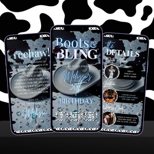 Op de afbeelding: Een digitale uitnodiging voor een 30e verjaardagsfeest met een cowgirl-thema. De uitnodiging toont een cowboyhoed met strass, een blauw-witte koe-print achtergrond en de tekst "Boots & Bling" en "Melissa's 30e verjaardag".