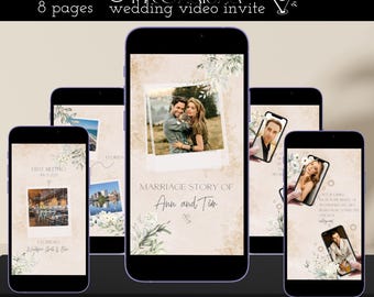 May include: A wedding video invitation template with a rustic, vintage aesthetic. The template features a photo of a couple, a floral design, and the text "MARRIAGE STORY OF Ann and Tim".