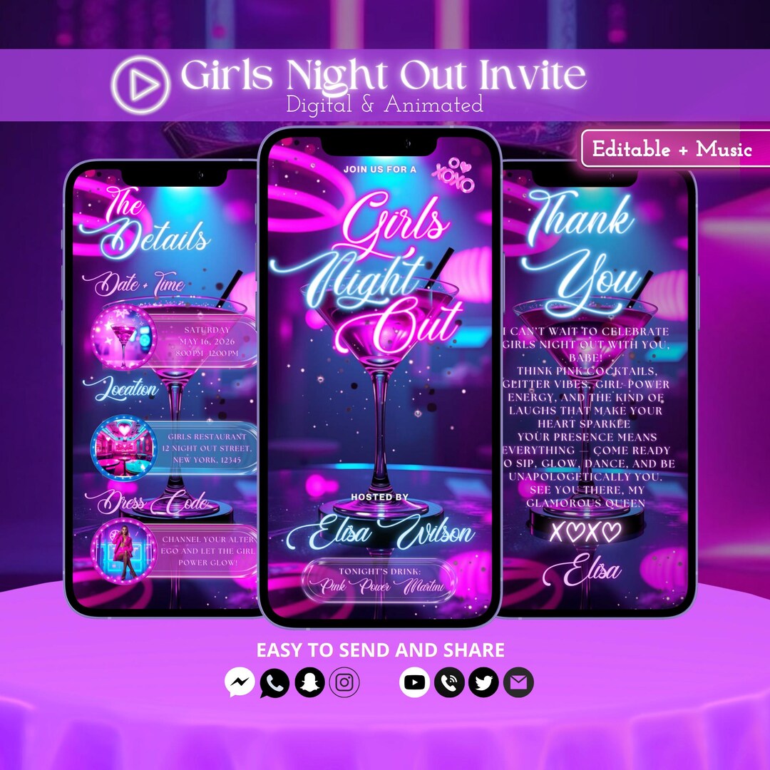 Neon Cyan Pink Girls Night Out Invitation Video | Electric Nightclub ...