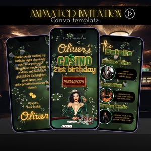 Invito per il 21° compleanno al casinò / Invito digitale per festa di poker / Modello di invito per compleanno a tema casinò / Invito per compleanno da uomo in oro