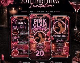 Pink Glam 20th Birthday Invitation Template, Editable Canva Mobile Invite, Luxury Pink Birthday Party Invitation