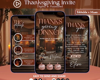 Warm Elegant Thanksgiving Invitation, Modern Friendsgiving Dinner Evite, Editable Animated Template, Digital Cozy Autumn Party Invite 2025