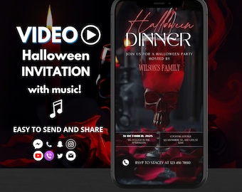Halloween Dinner Invitation Video Template, Gothic Red and Black Party Invite with Music, Elegant Skull Wine Glass Digital Halloween Invite