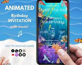 Inbjudan till födelsedag under havet Animerad havsfest Födelsedagsinbjudan Digital havsfest Redigerbar telefoninbjudan med musik
